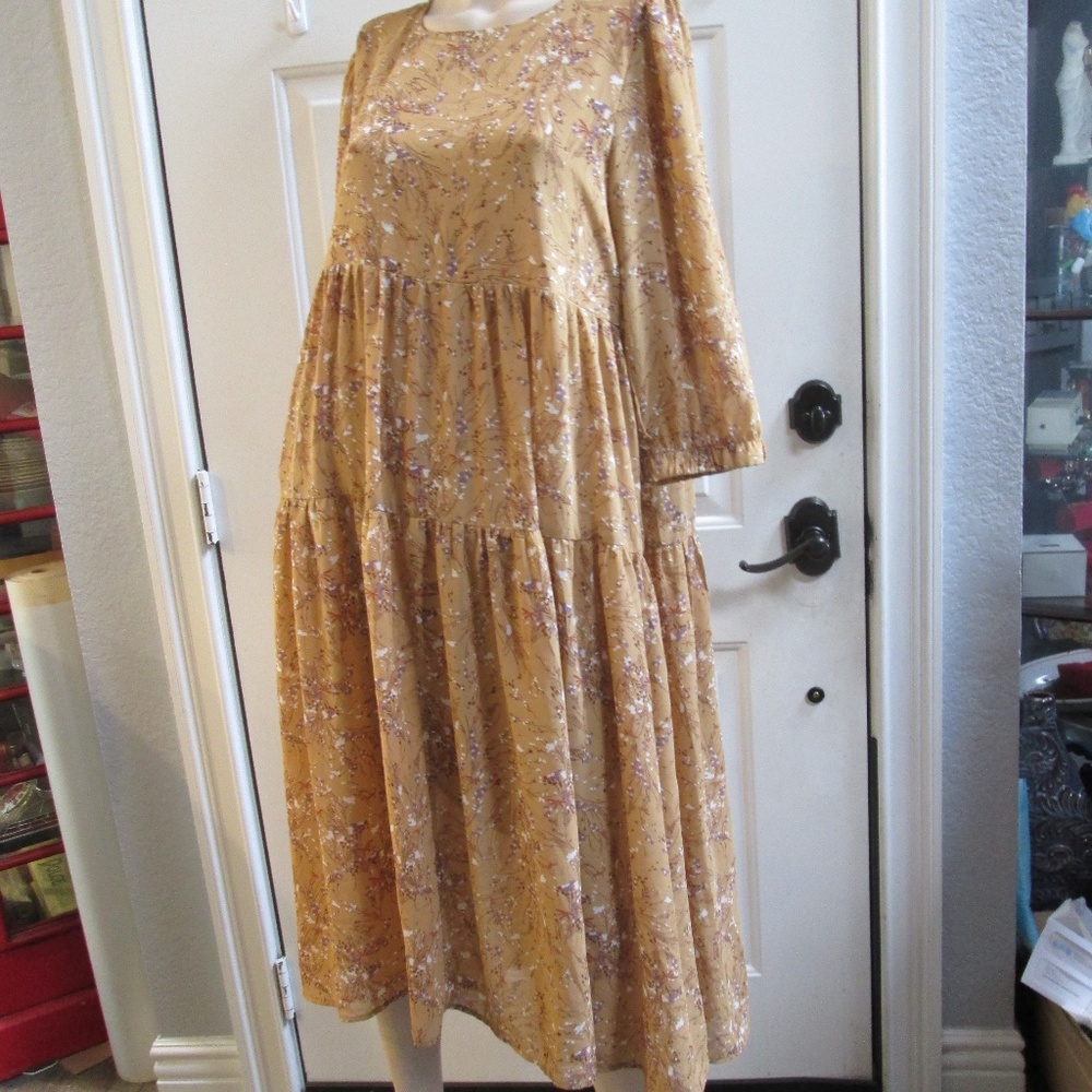 CODE MODE yellow FLORAL  shirring layered dress Sz L